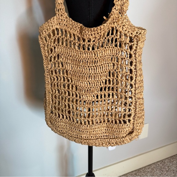 LA EXPRESS Tan Paper Straw Tote Bag Weave Beach Bag Boho Crochet *Flaws* - Picture 3 of 11